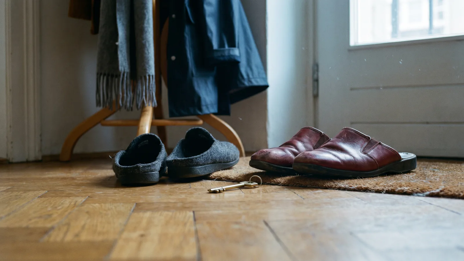 Two pairs of well-worn house slippers — one charcoal felt, one oxblood leather — placed side-by-side on a polished oak parquet floor at the entrance of a European apartment, with a single brass house key on the floor between them in soft overcast afternoon light.