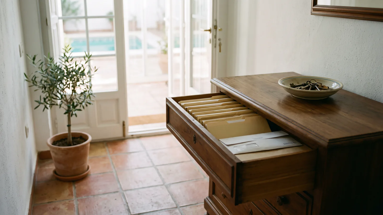 The whitewashed entrance hall of a well-kept Andalusian townhouse, where a walnut chest of drawers stands open to show a row of neatly kept paper folders and envelopes, with a sunlit patio and pool visible through the glazed doors beyond.