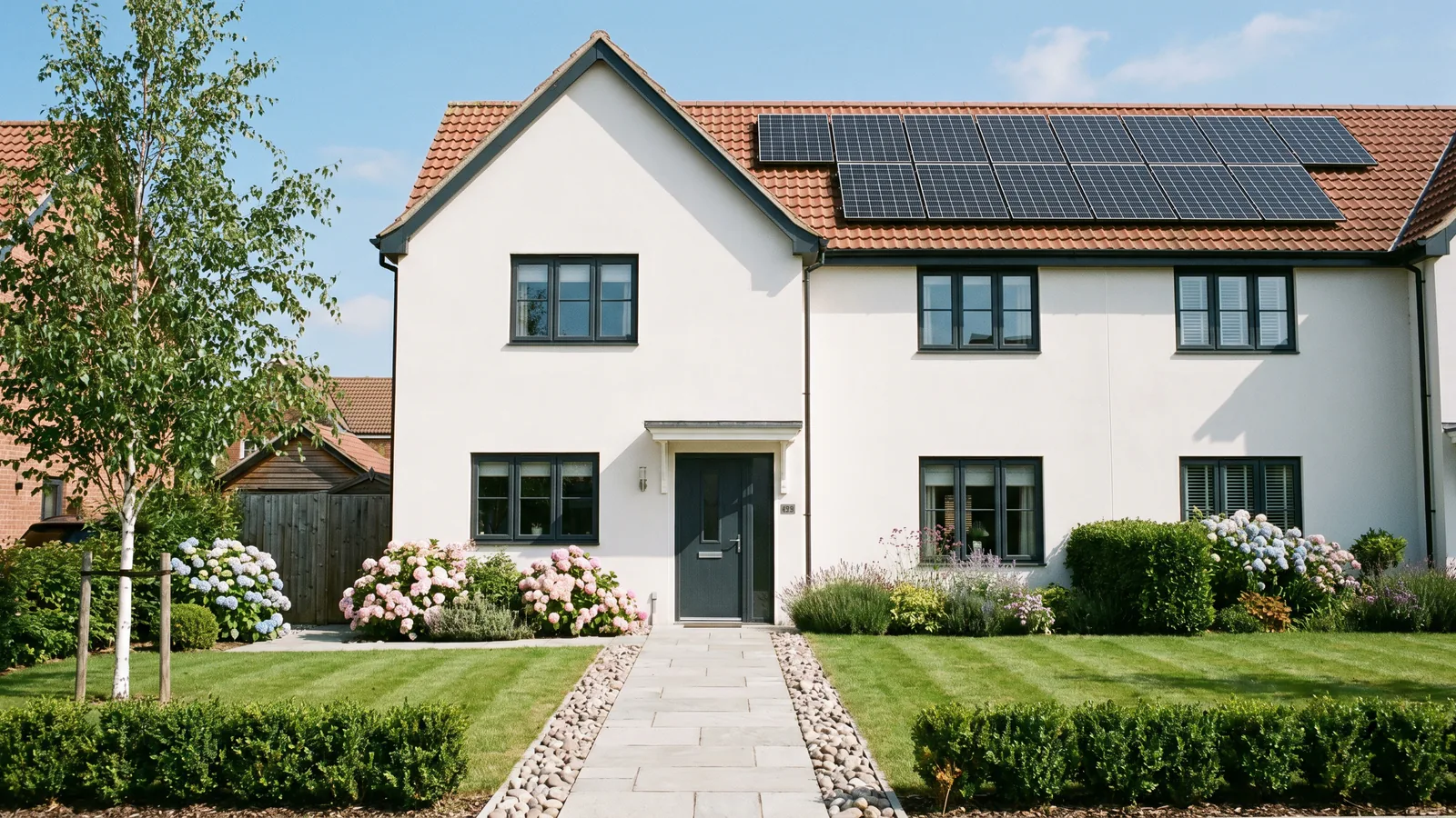 A modern European semi-detached two-storey home with crisp white render, anthracite window frames and rooftop solar panels, photographed from a tidy front garden of clipped boxwood, hydrangeas in pink and pale blue, and a clean paving-slab path leading to a dark composite front door under a clear summer sky.