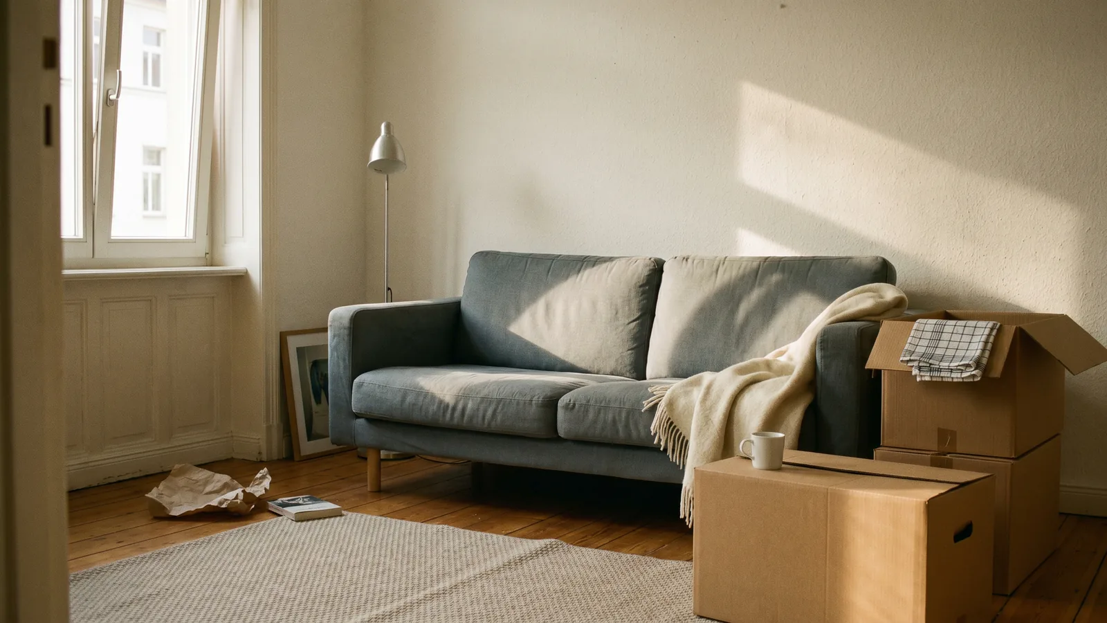 A modest European apartment living room about two weeks after a move-in — a slightly worn grey-blue fabric couch, several cardboard moving boxes (one open), a throw blanket half-folded on the couch, a picture frame leaning against the wall, and warm morning sun pouring in from a window on the left.