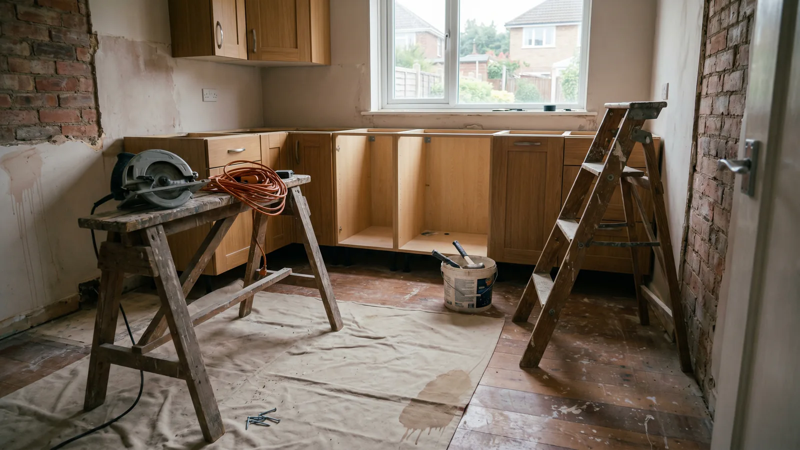 A small suburban European kitchen in the middle of a renovation — partially-installed cabinets, a sawhorse with a circular saw in the foreground, a canvas dust sheet, a stepladder against the wall, and exposed brick where plaster has been stripped, under overcast daylight from a back window.