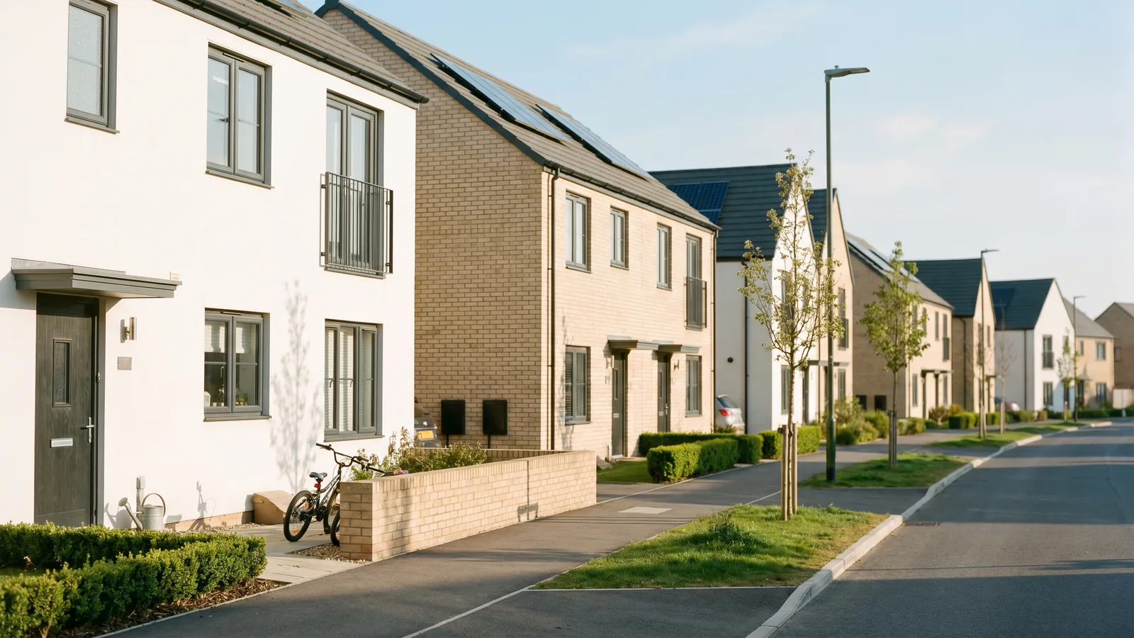 A clean, modern European residential street of contemporary new-build family homes of varying widths and finishes under soft warm morning light, seen at eye level from the pavement.