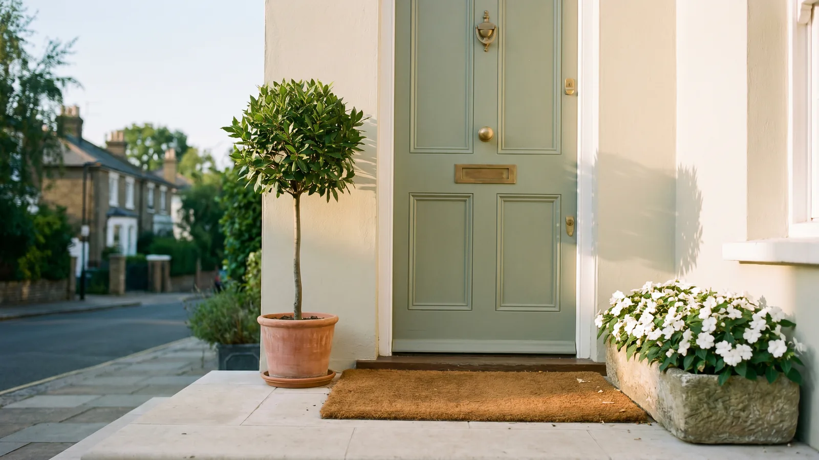 The freshly painted sage-green front door of a charming, well-kept European townhouse in bright morning light, with a neat doormat, a potted bay tree and white flowers beside clean stone steps.