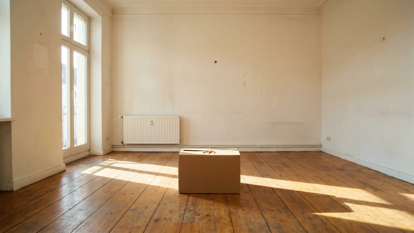 A bright empty European apartment living room on handover day — hardwood floor, a tall window casting a warm afternoon sunbeam across the floor, and a single cardboard moving box in the middle with a set of brass house keys resting on top.