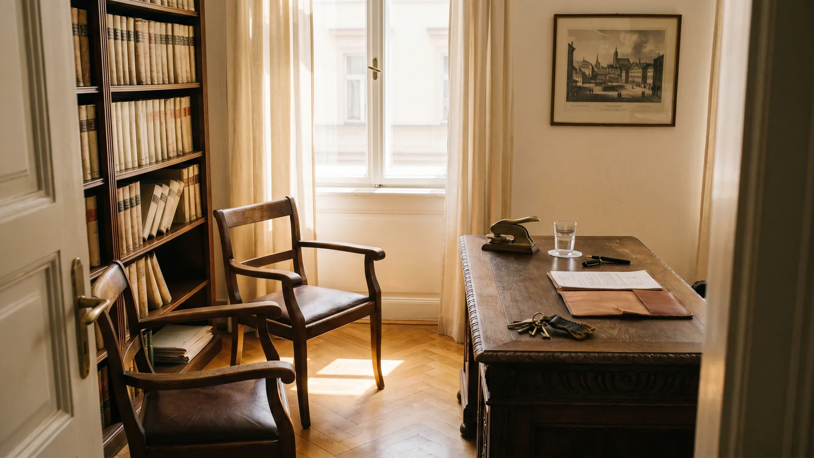 The interior of a small European notary's office in late-afternoon sunlight, a polished dark-wood desk with an open document folder, brass embossing seal, fountain pen and a small set of house keys on the corner, two empty leather chairs facing the desk, walls of cream-spined legal books on dark shelving, and a tall window letting in a warm shaft of light across the parquet floor.